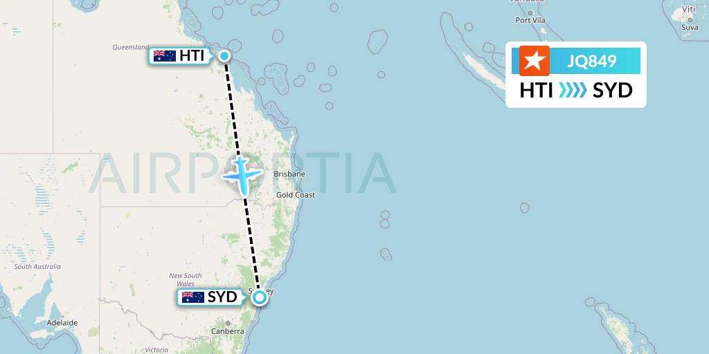 JQ849 Jetstar Airways Flight Map: Hamilton Island to Sydney