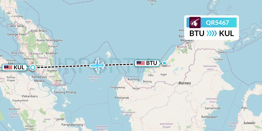 QR5467 Qatar Airways Flight Map: Bintulu to Kuala Lumpur
