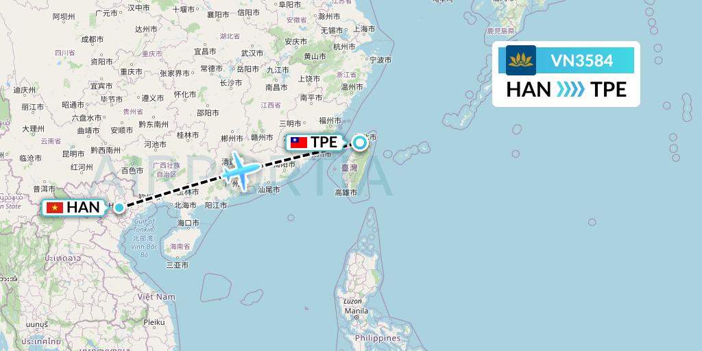 VN3584 Vietnam Airlines Flight Map: Hanoi to Taipei