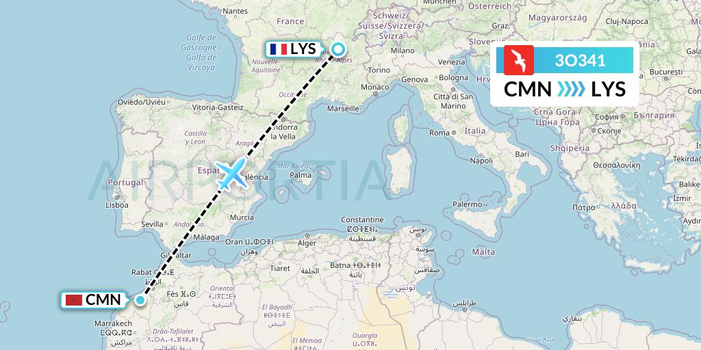 3O341 Air Arabia Maroc Flight Map: Casablanca to Lyon