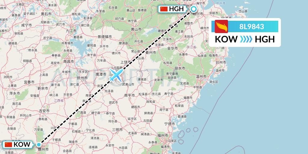 8L9843 Lucky Air Flight Map: Ganzhou to Hangzhou