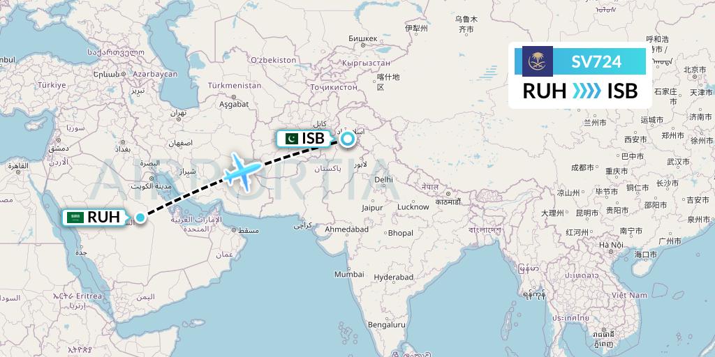 SV724 Saudi Arabian Airlines Flight Map: Riyadh to Islamabad