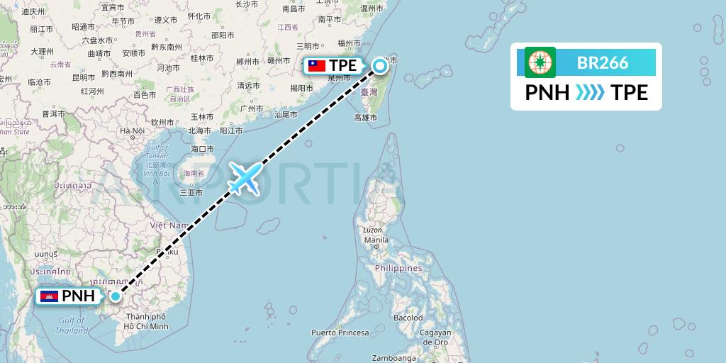 BR266 EVA Air Flight Map: Phnom Penh to Taipei