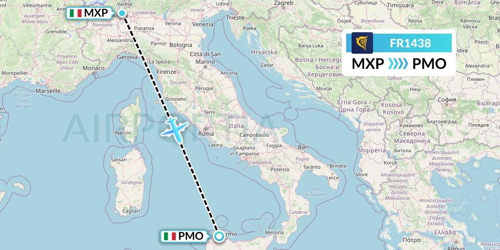FR1438 Ryanair Flight Map: Milan to Palermo