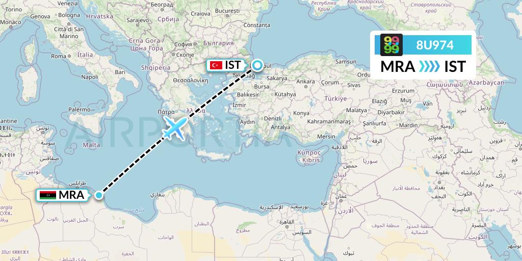 8U974 Afriqiyah Airways Flight Map: Misrata to Istanbul