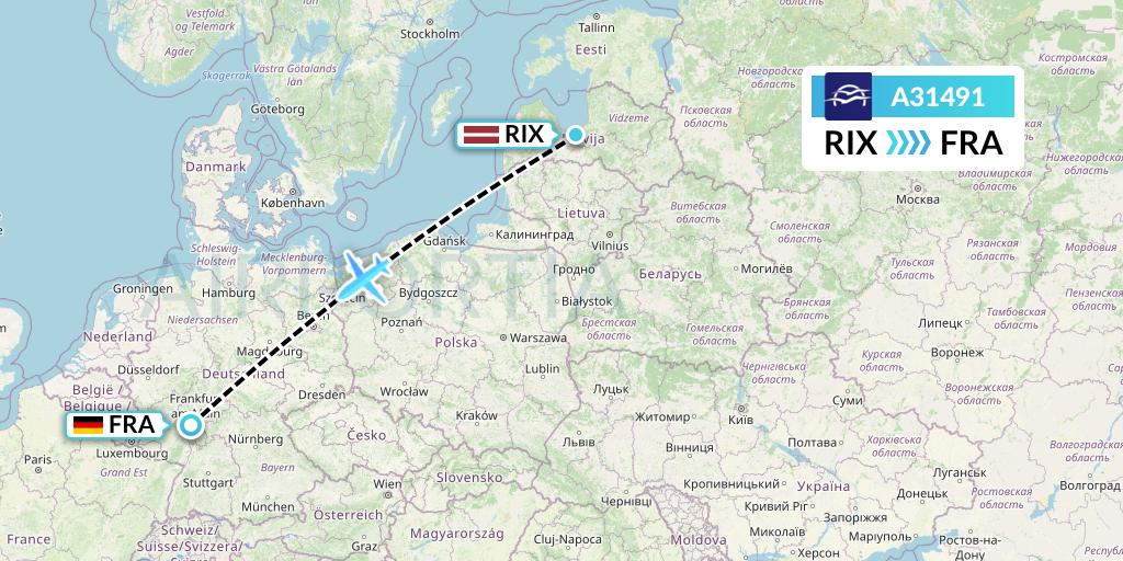 A31491 Aegean Airlines Flight Map: Riga to Frankfurt