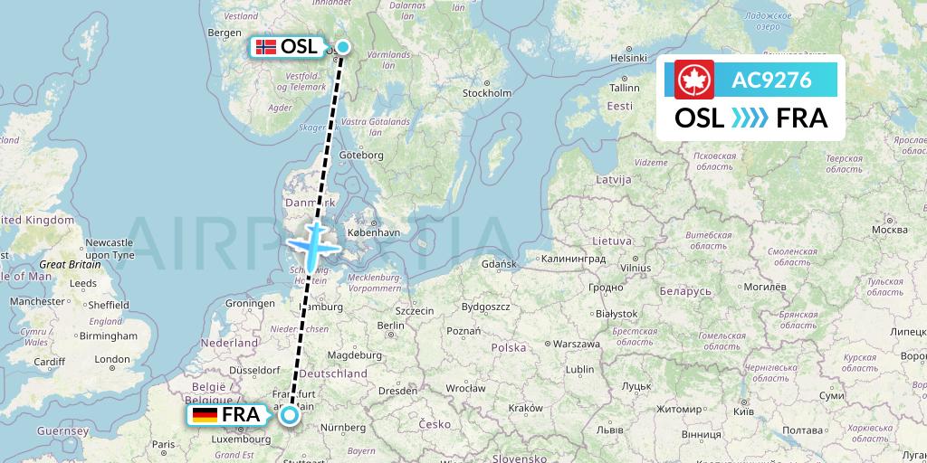 AC9276 Air Canada Flight Map: Oslo to Frankfurt