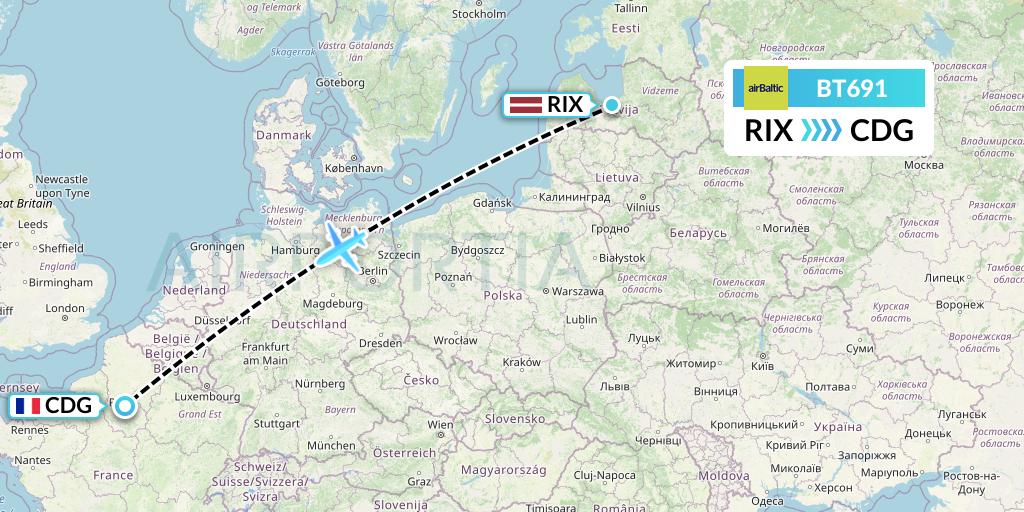 BT691 Air Baltic Flight Map: Riga to Paris