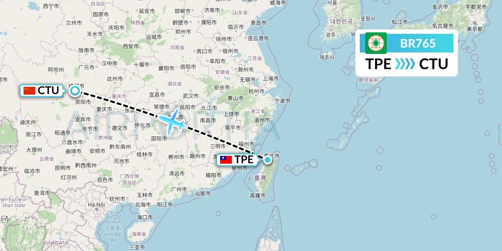 BR765 EVA Air Flight Map: Taipei to Chengdu