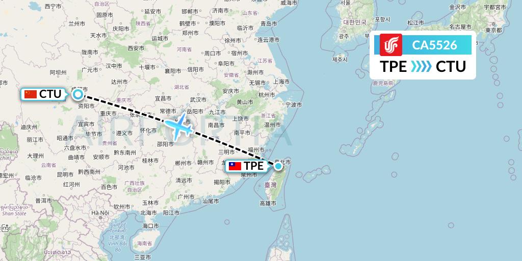 CA5526 Air China Flight Map: Taipei to Chengdu