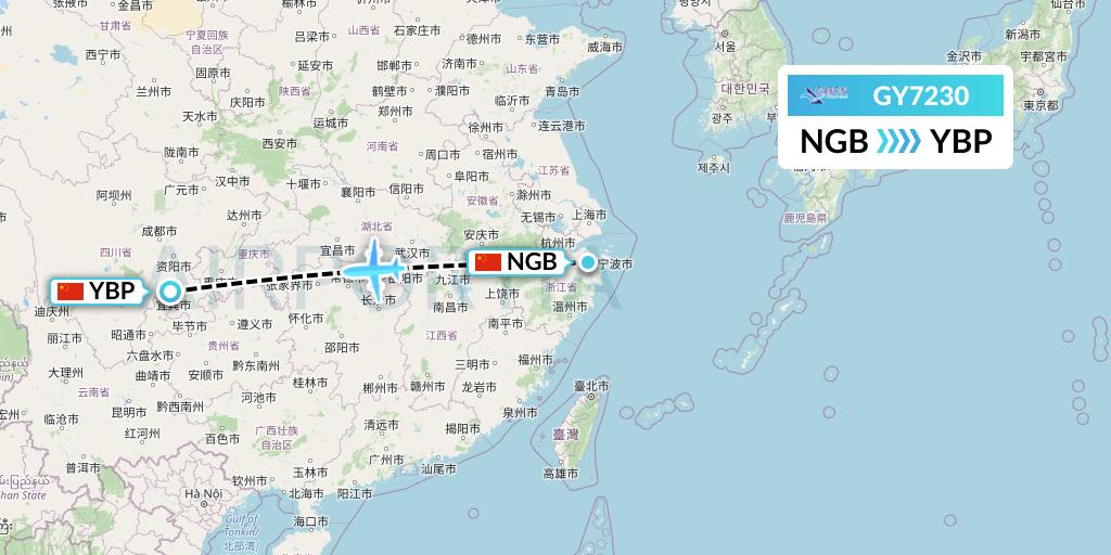 GY7230 Colorful GuiZhou Airlines Flight Map: Ningbo to Yibin