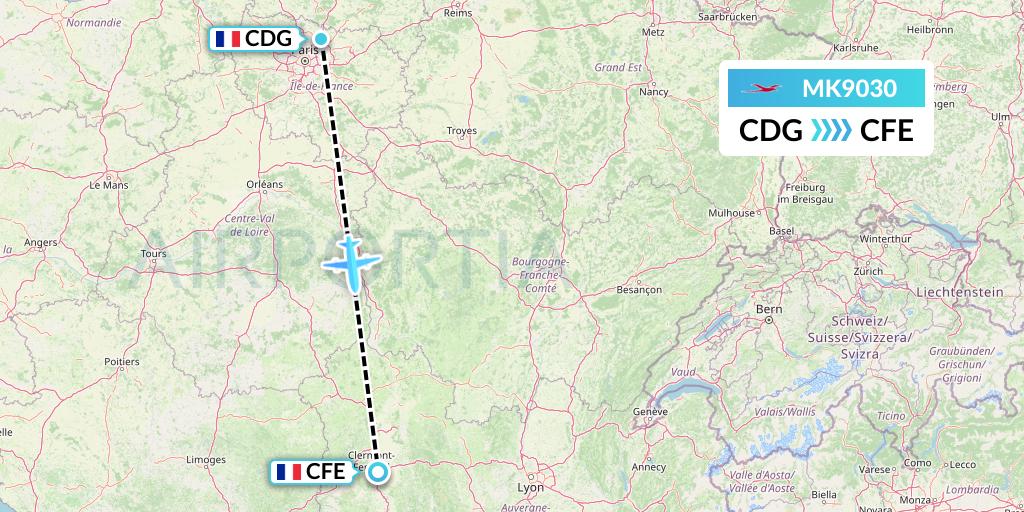 MK9030 Air Mauritius Flight Map: Paris to Clermont-Ferrand