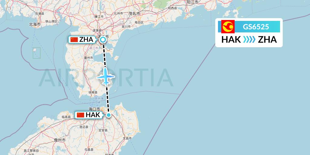 GS6525 Tianjin Airlines Flight Map: Haikou to Zhanjiang