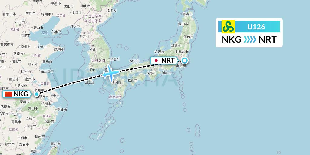 IJ126 Spring Airlines Japan Flight Map: Nanjing to Tokyo