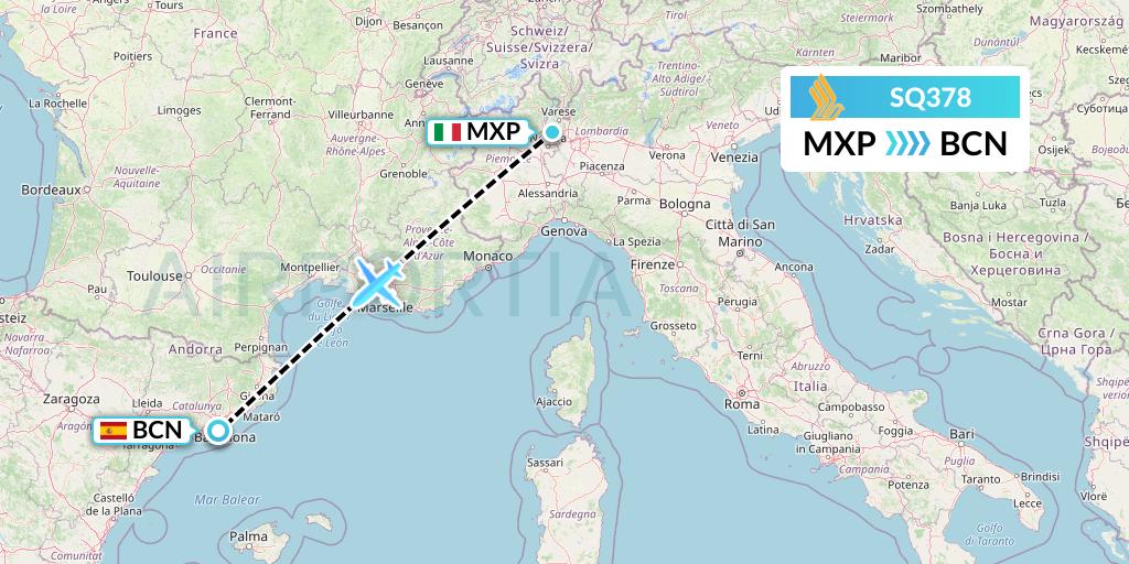 SQ378 Singapore Airlines Flight Map: Milan to Barcelona