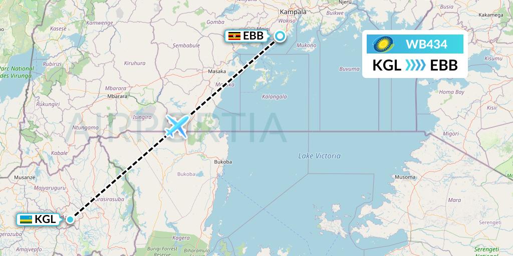 WB434 RwandAir Flight Map: Kigali to Entebbe