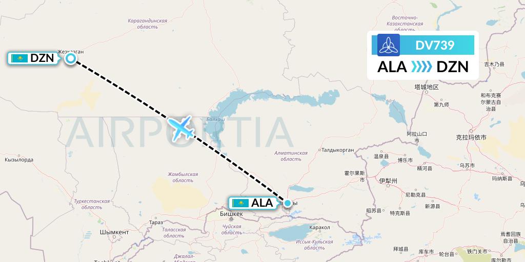 DV739 SCAT Flight Map: Almaty to Zhezkazgan