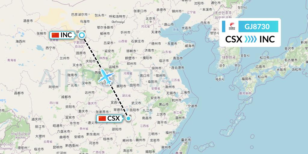 GJ8730 Loong Airlines Flight Map: Changsha to Yinchuan