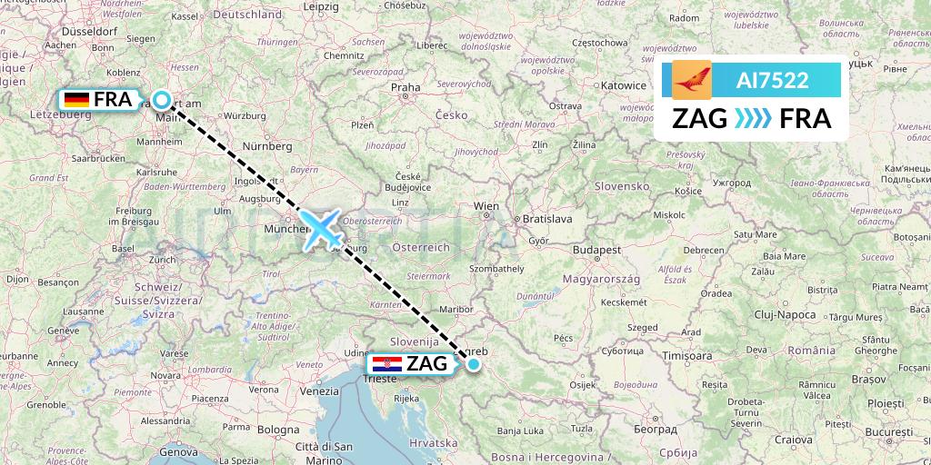 AI7522 Air India Flight Map: Zagreb to Frankfurt