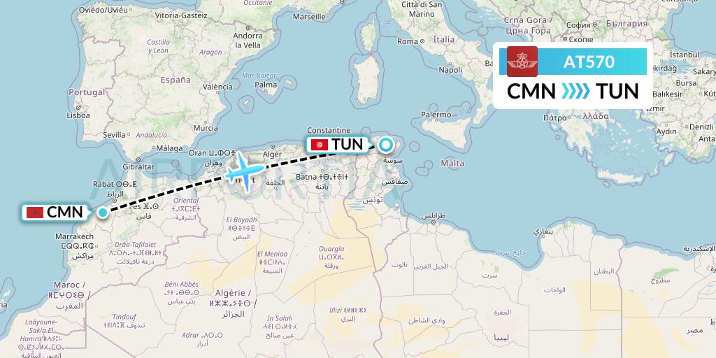 AT570 Royal Air Maroc Flight Map: Casablanca to Tunis