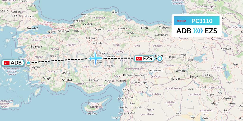 PC3110 Pegasus Airlines Flight Map: Izmir to Elazig