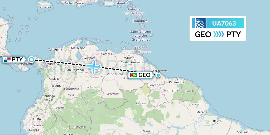 UA7063 United Airlines Flight Map: Georgetown to Panama City