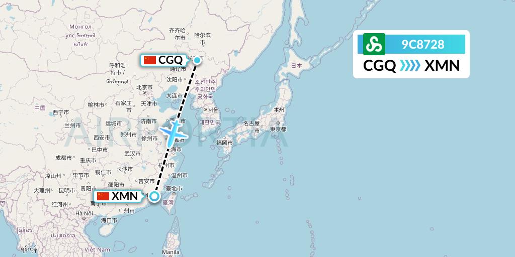 9C8728 Spring Airlines Flight Map: Changchun to Xiamen