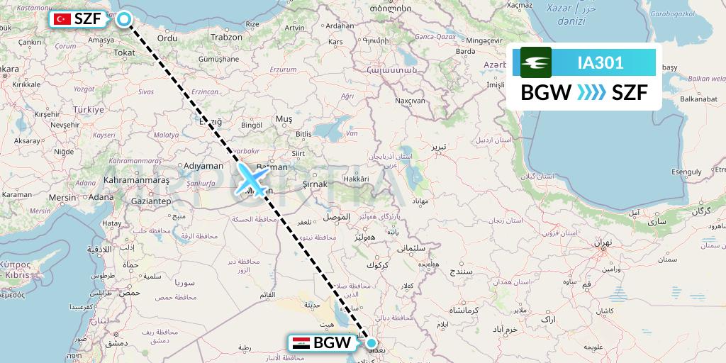 IA301 Iraqi Airways Flight Map: Baghdad to Samsun