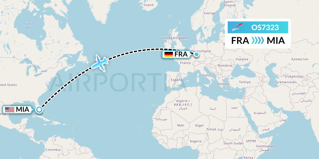 OS7323 Austrian Airlines Flight Map: Frankfurt to Miami