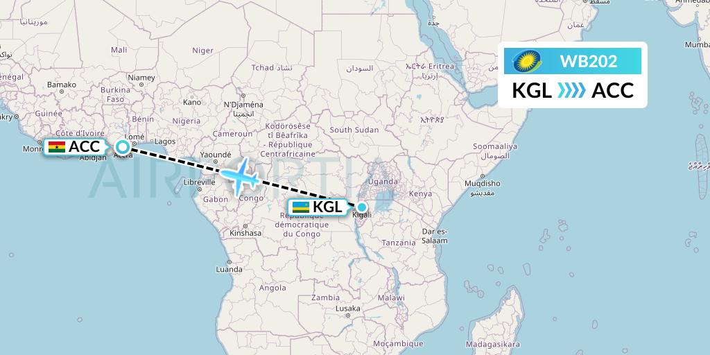 WB202 RwandAir Flight Map: Kigali to Accra