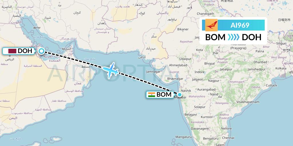 AI969 Air India Flight Map: Mumbai to Doha