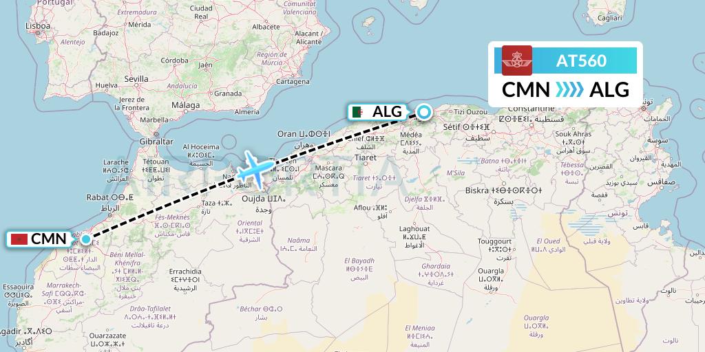 AT560 Royal Air Maroc Flight Map: Casablanca to Algiers