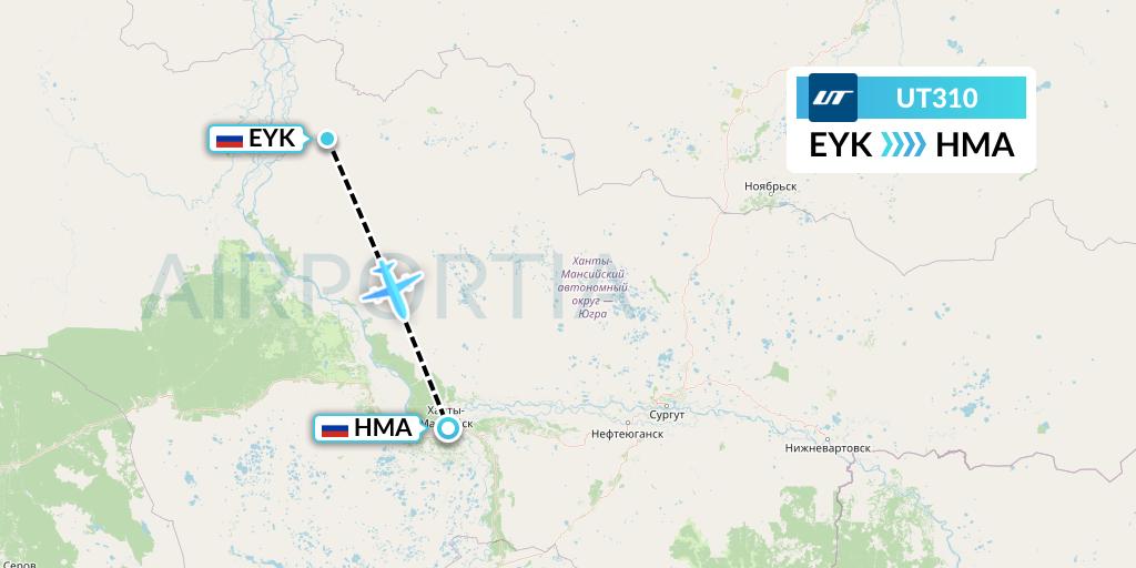 UT310 UTair Flight Map: Beloyarsk to Khanty-Mansiysk