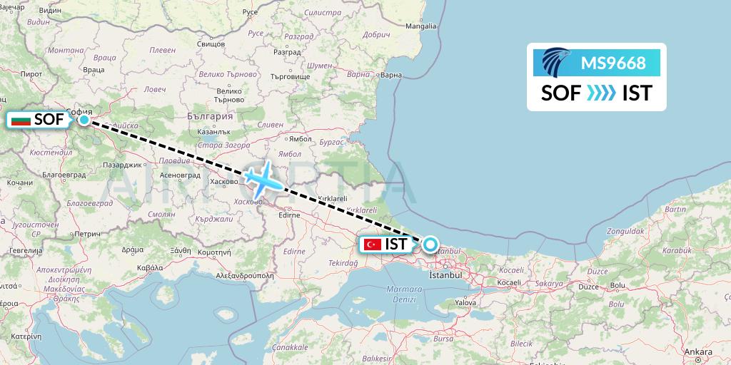 MS9668 EgyptAir Flight Map: Sofia to Istanbul