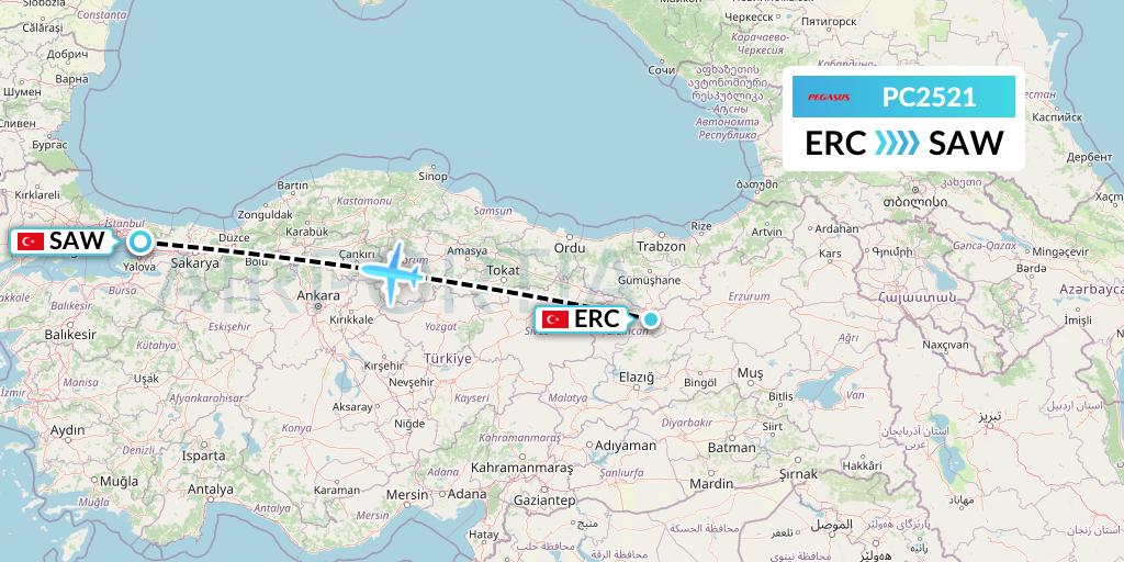 PC2521 Pegasus Airlines Flight Map: Erzincan to Istanbul