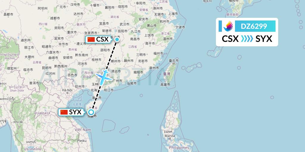 DZ6299 Donghai Airlines Flight Map: Changsha to Sanya