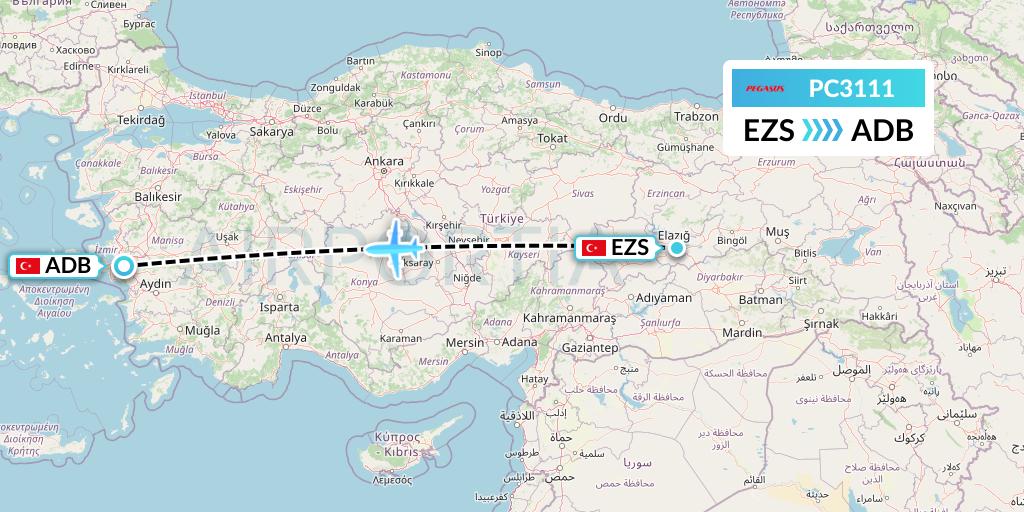 PC3111 Pegasus Airlines Flight Map: Elazig to Izmir