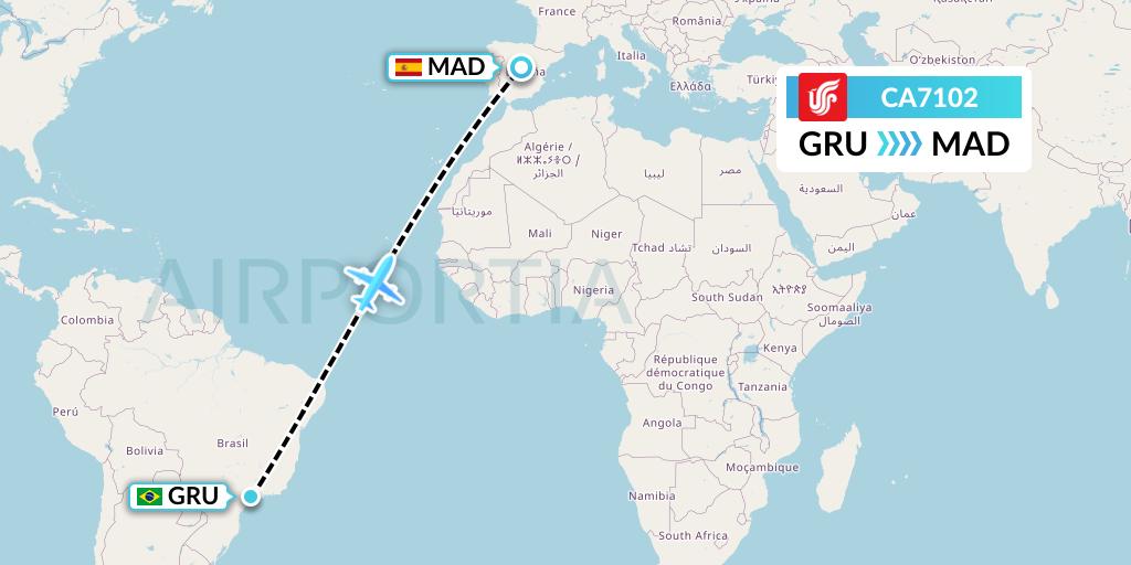 CA7102 Air China Flight Map: Sao Paulo to Madrid