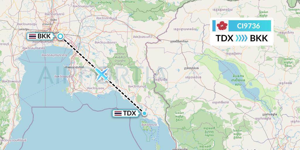 CI9736 China Airlines Flight Map: Trat to Bangkok