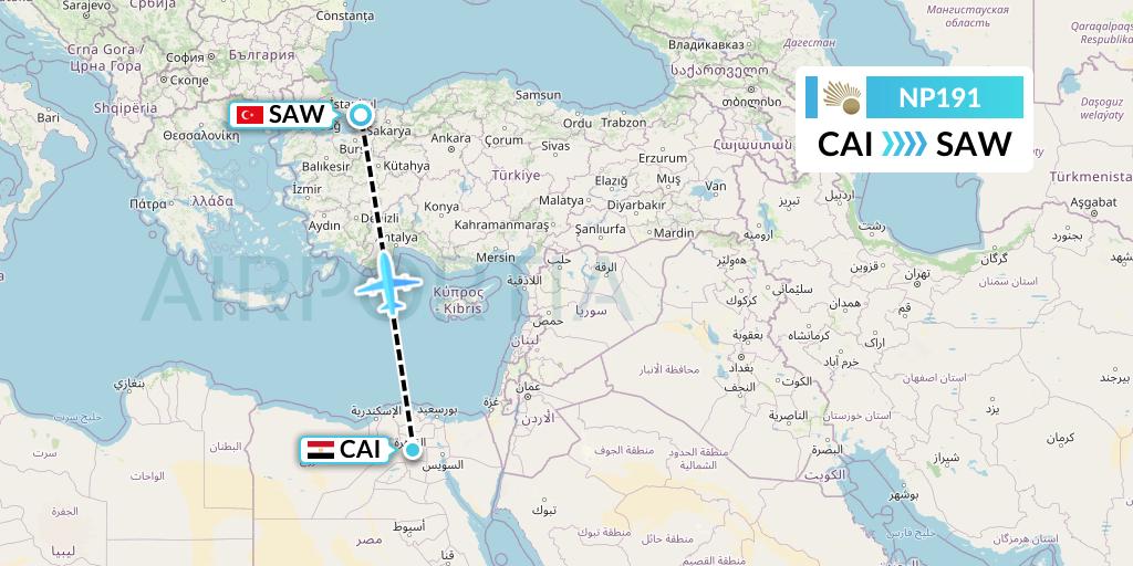 NP191 Nile Air Flight Map: Cairo to Istanbul