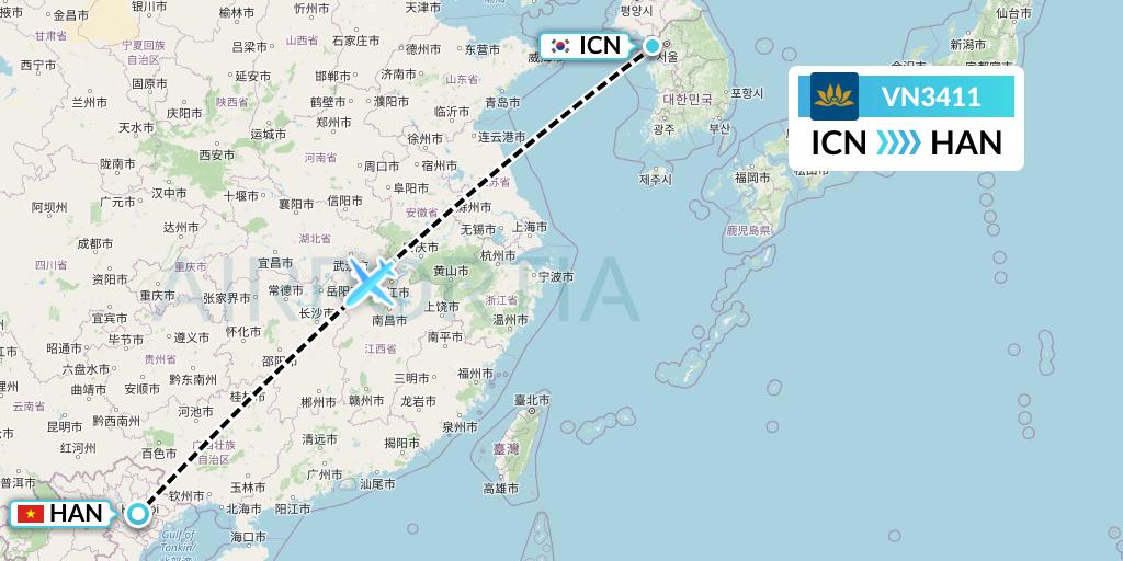 VN3411 Vietnam Airlines Flight Map: Seoul to Hanoi