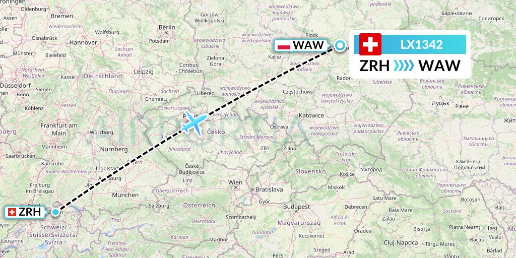 LX1342 Swiss Flight Map: Zurich to Warsaw