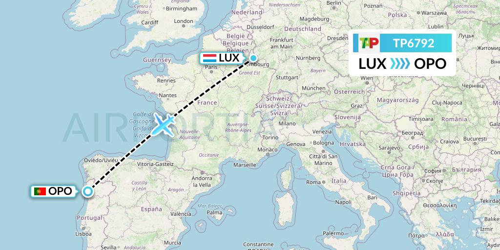 TP6792 TAP Portugal Flight Map: Luxembourg to Porto