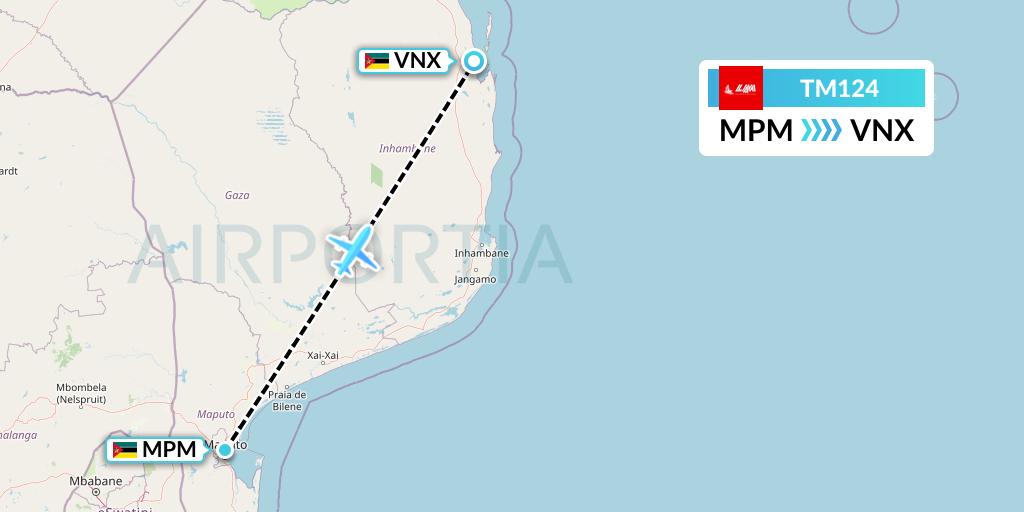 TM124 LAM Mozambique Airlines Flight Map: Maputo to Vilankulo