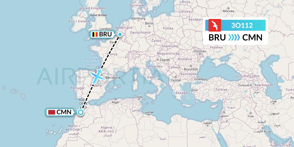 3O112 Air Arabia Maroc Flight Map: Brussels to Casablanca