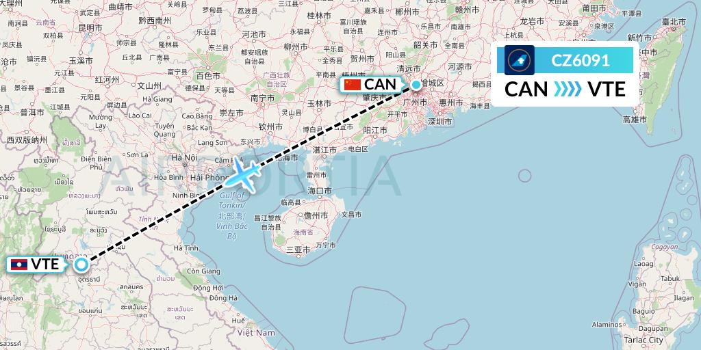 CZ6091 China Southern Airlines Flight Map: Guangzhou to Vientiane
