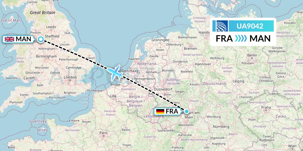 UA9042 United Airlines Flight Map: Frankfurt to Manchester