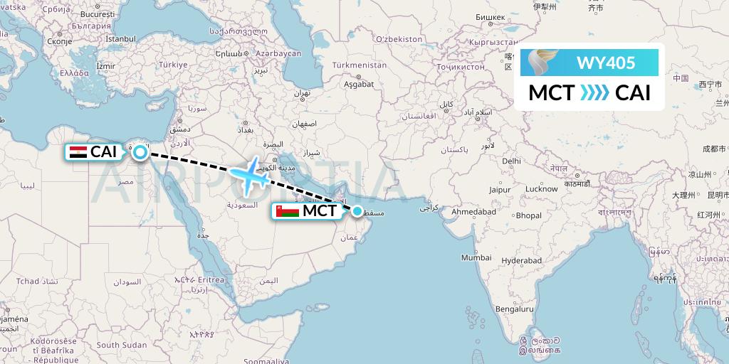 WY405 Oman Air Flight Map: Muscat to Cairo