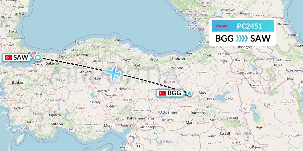 PC2451 Pegasus Airlines Flight Map: Bingol to Istanbul