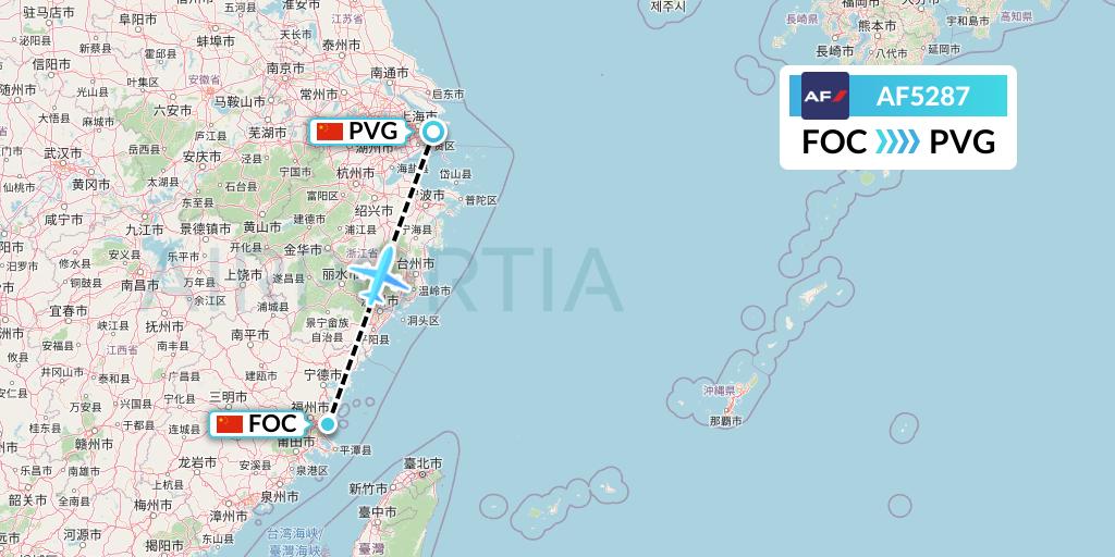 AF5287 Air France Flight Map: Fuzhou to Shanghai